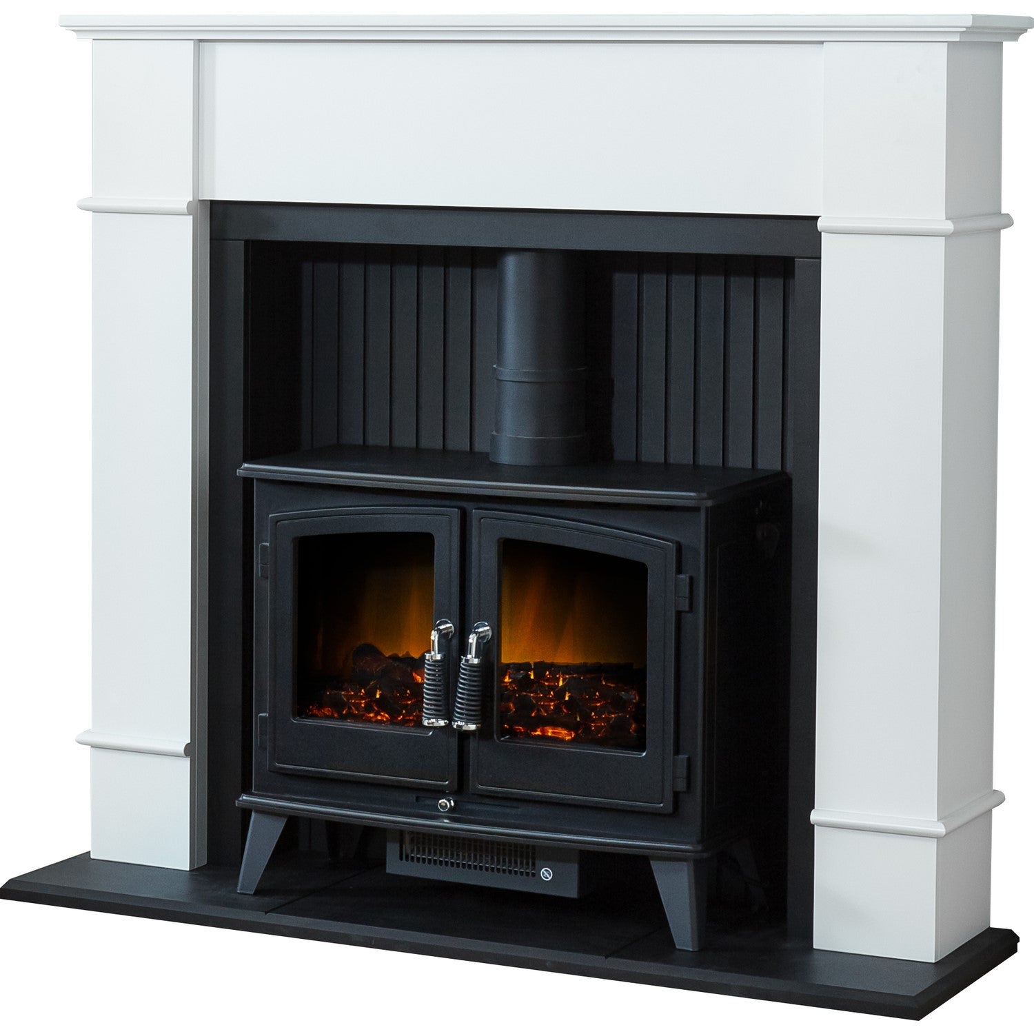 Adam White Fireplace Suite with Black Double Door Electric Stove & Log Effect Fuel Bed - Oxford