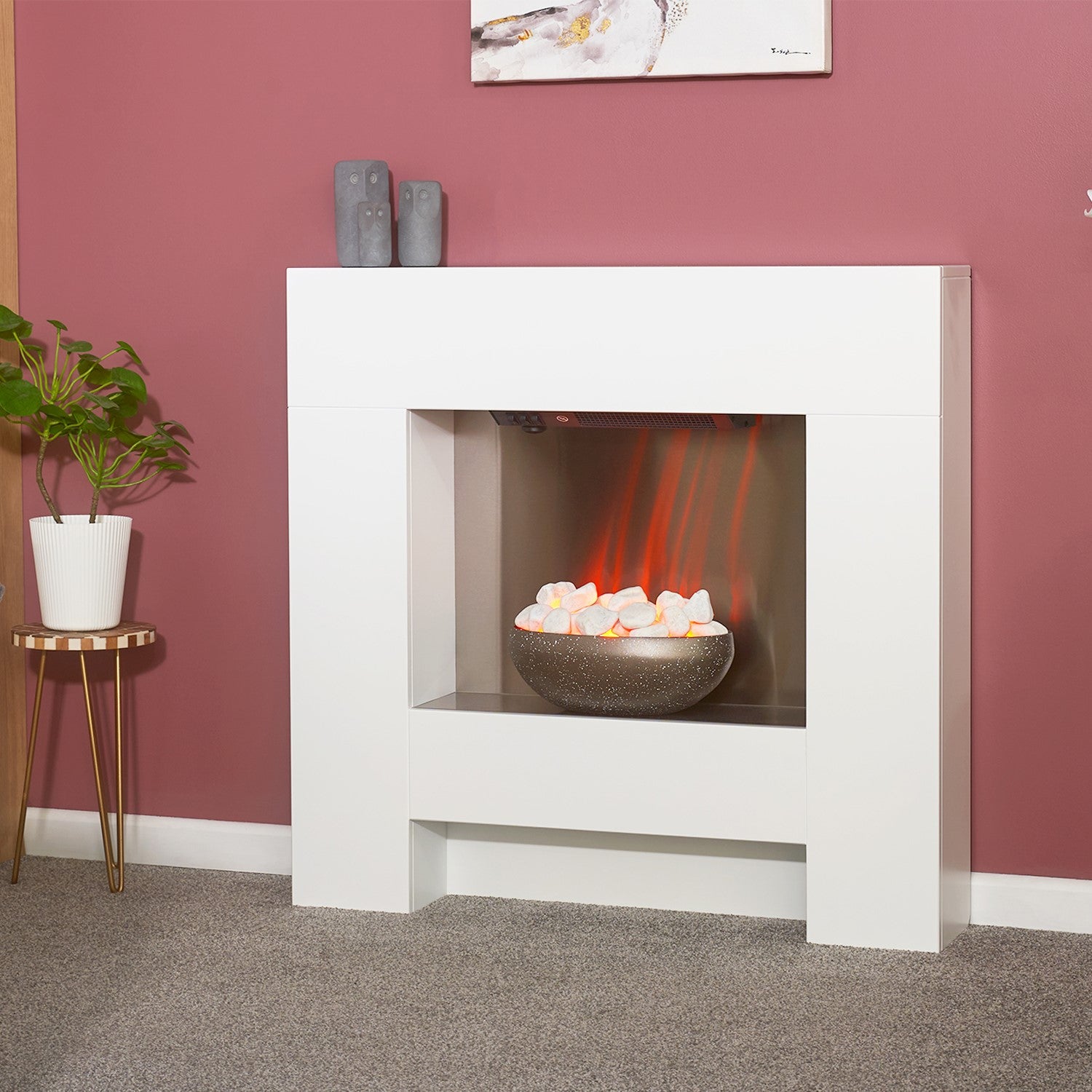 Adam White Freestand Electric Fireplace Suite with Pebble Bowl - Cubist