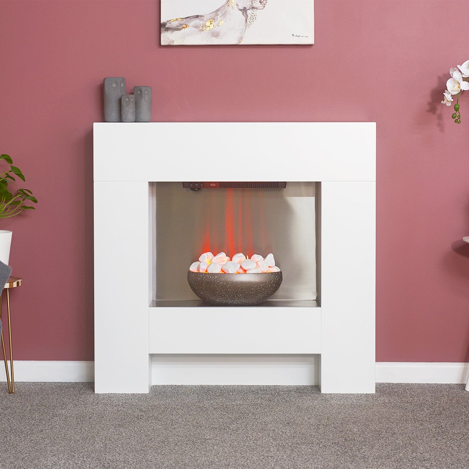 Adam White Freestand Electric Fireplace Suite with Pebble Bowl - Cubist