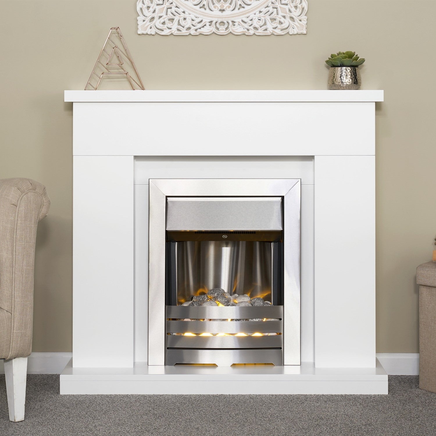 Adam White Surround with Helios Electric Fire in Brushed Steel - Lomond