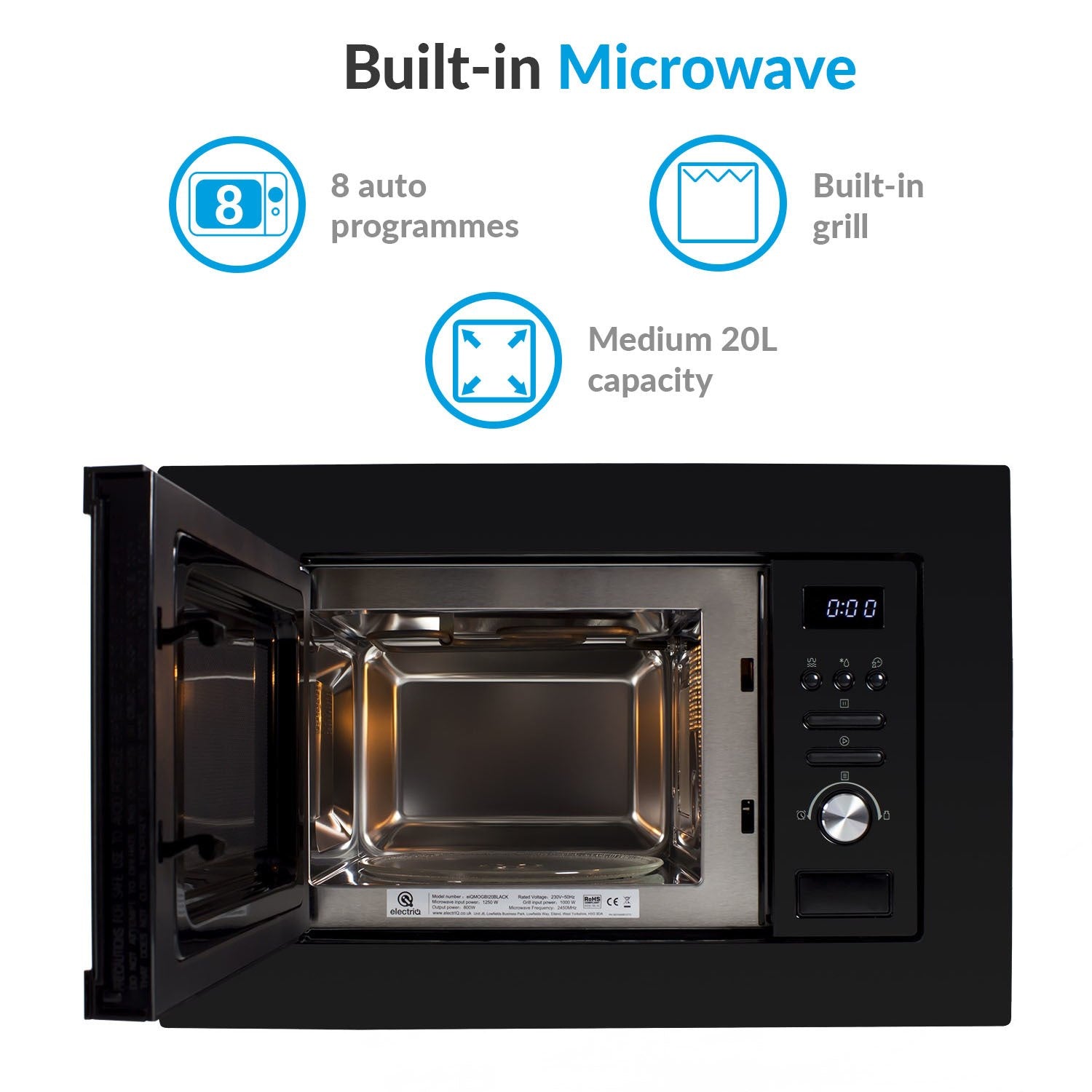 Refurbished electriQ eiQMOGBI20BLACK Built In 20L with Grill 800W Microwave Black