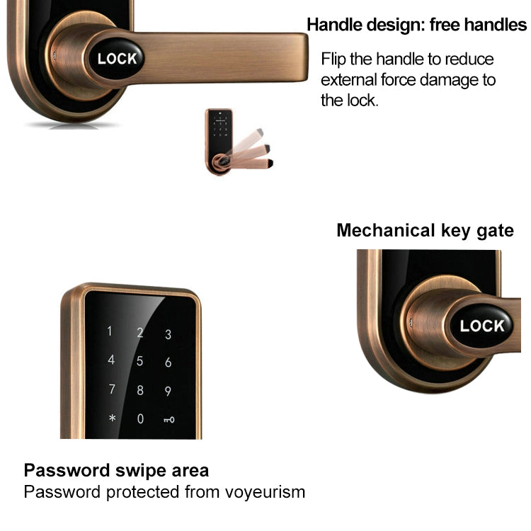 Password + Key + Sensor Card Zinc Alloy Red Bronze Electronic Door Lock Touch Screen Electronic Code Lock, OS8818-QGT Bronze