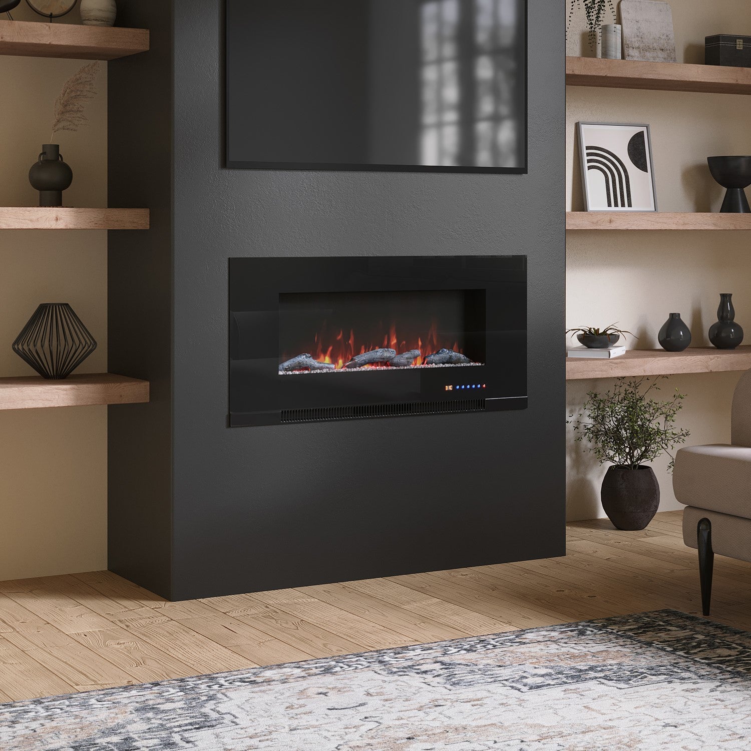 Black Inset Media Wall Electric Fireplace with Log and Crystal Fuel Bed 42 inch - Amberglo