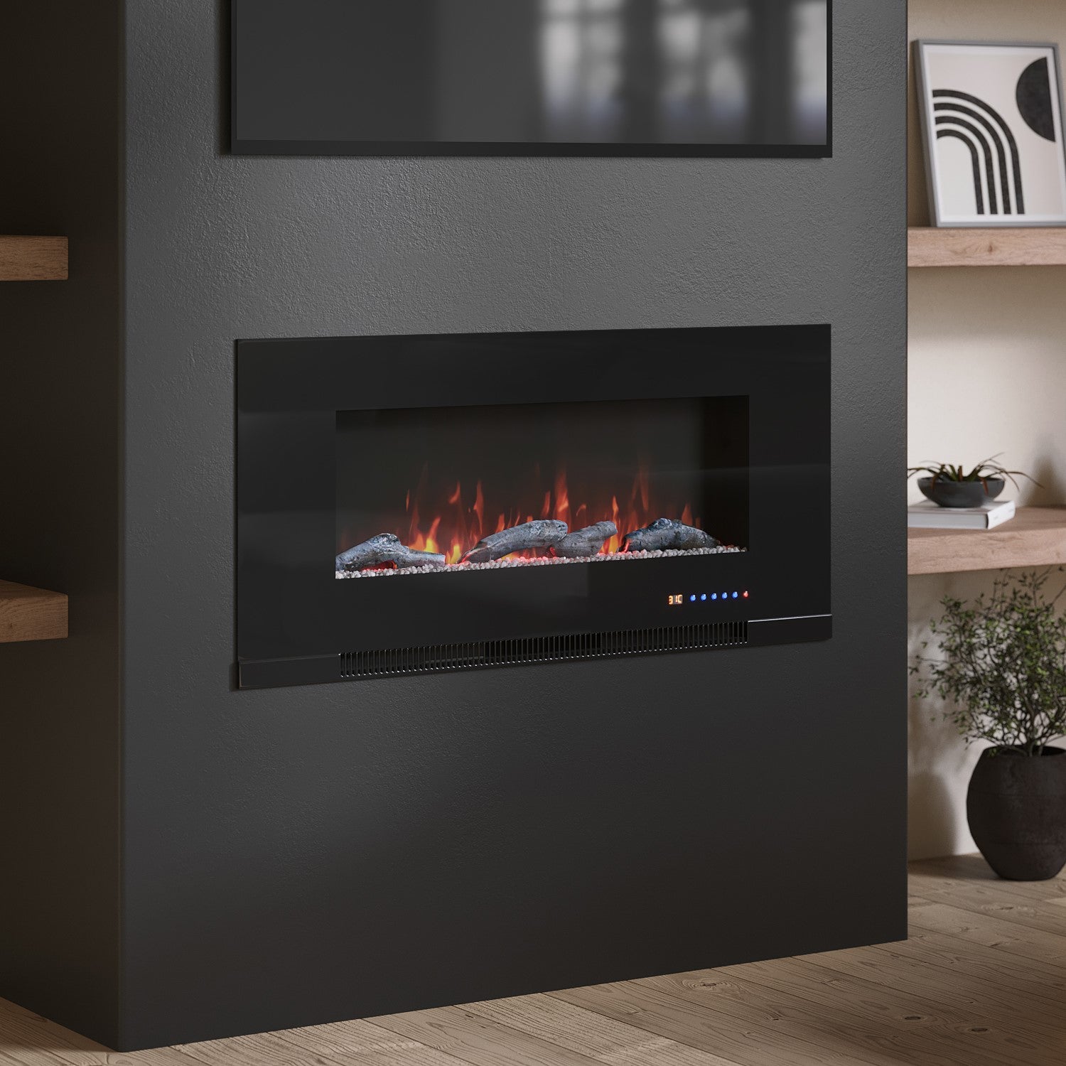 Black Inset Media Wall Electric Fireplace with Log and Crystal Fuel Bed 42 inch - Amberglo