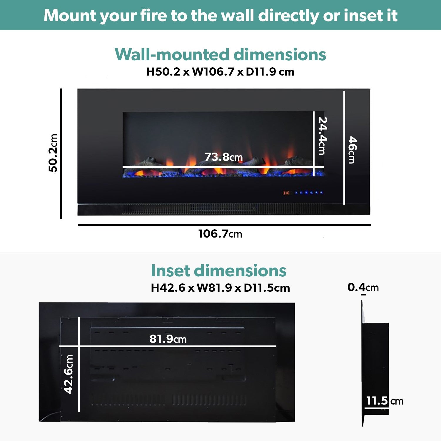 Black Inset Media Wall Electric Fireplace with Log and Crystal Fuel Bed 42 inch - Amberglo