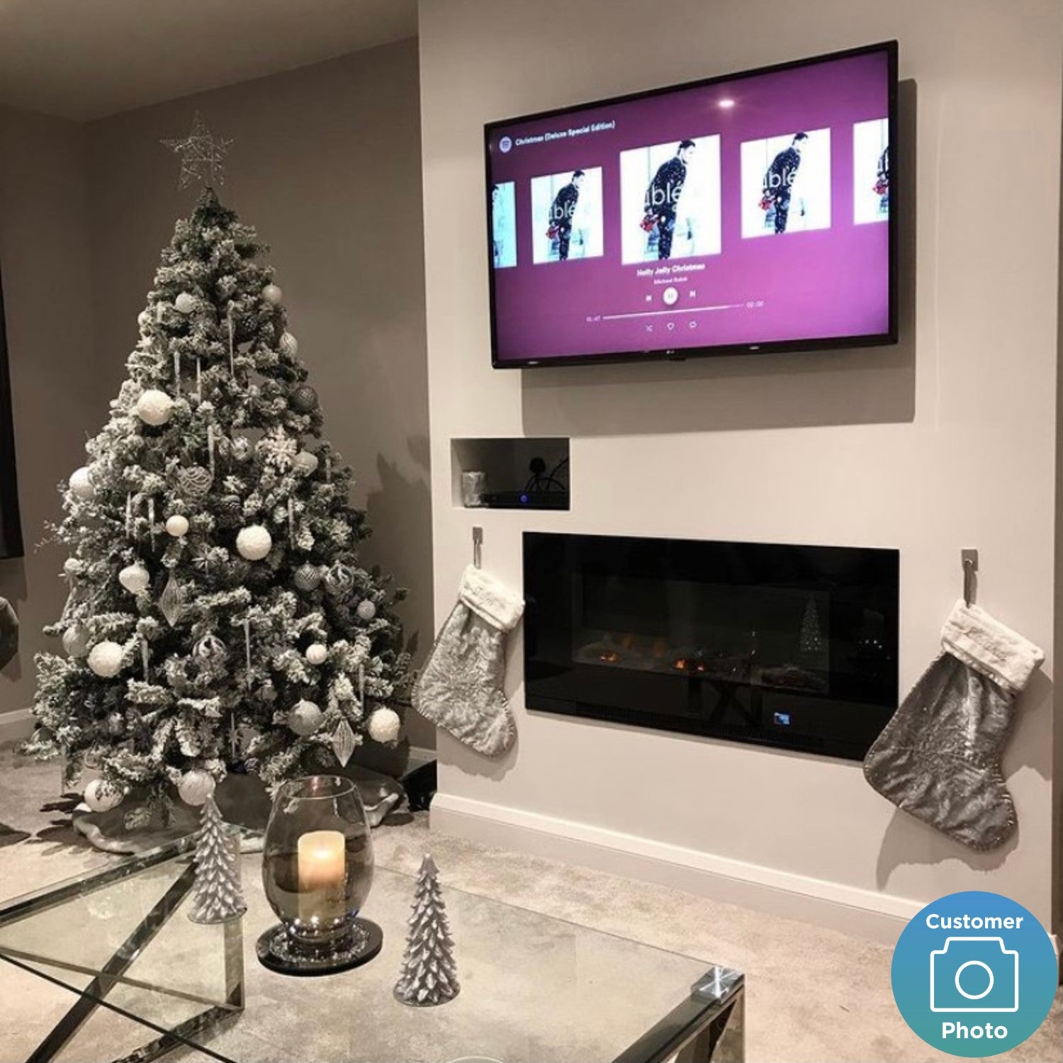 Black Inset Media Wall Electric Fireplace with Log and Crystal Fuel Bed 42 inch - Amberglo