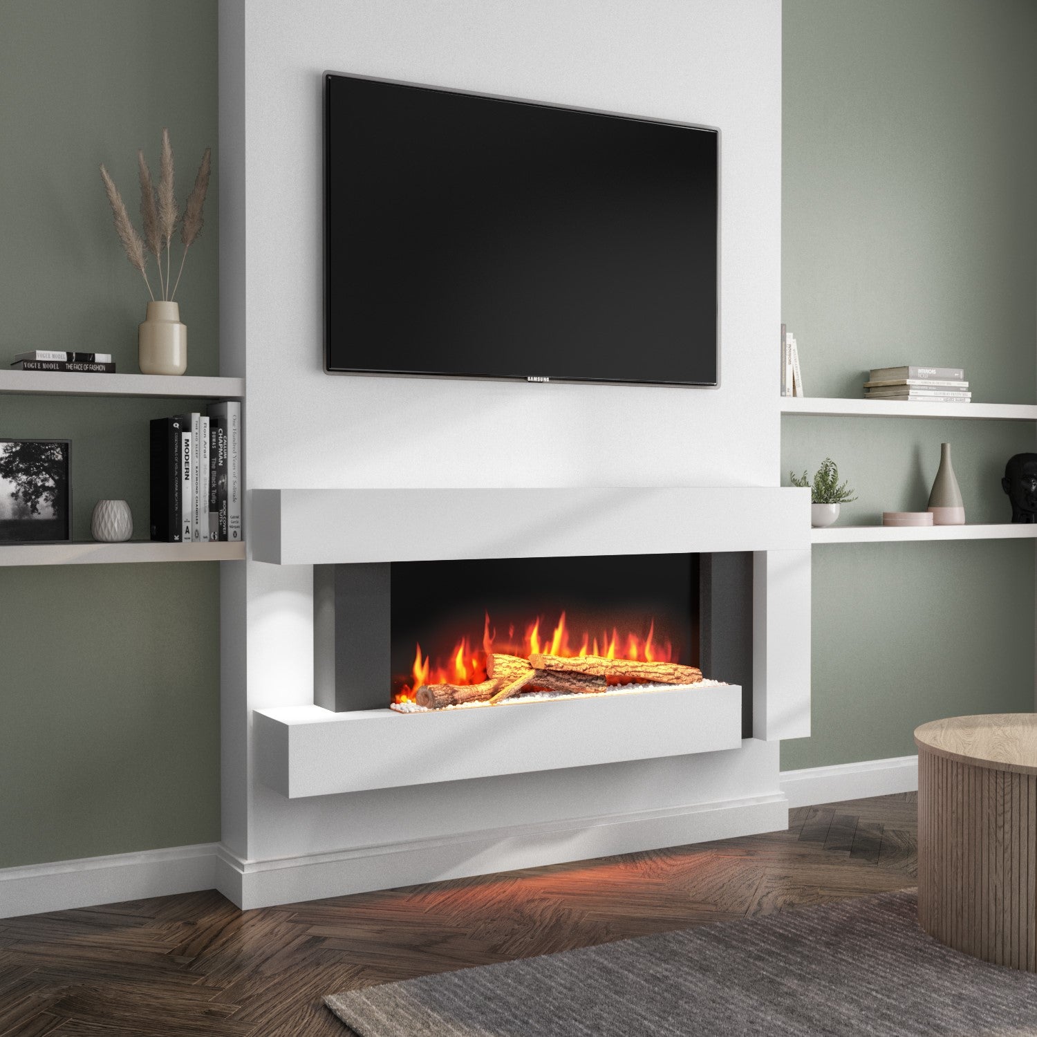 White Wall Mounted Electric Fireplace Suite with LED Lights - Amberglo