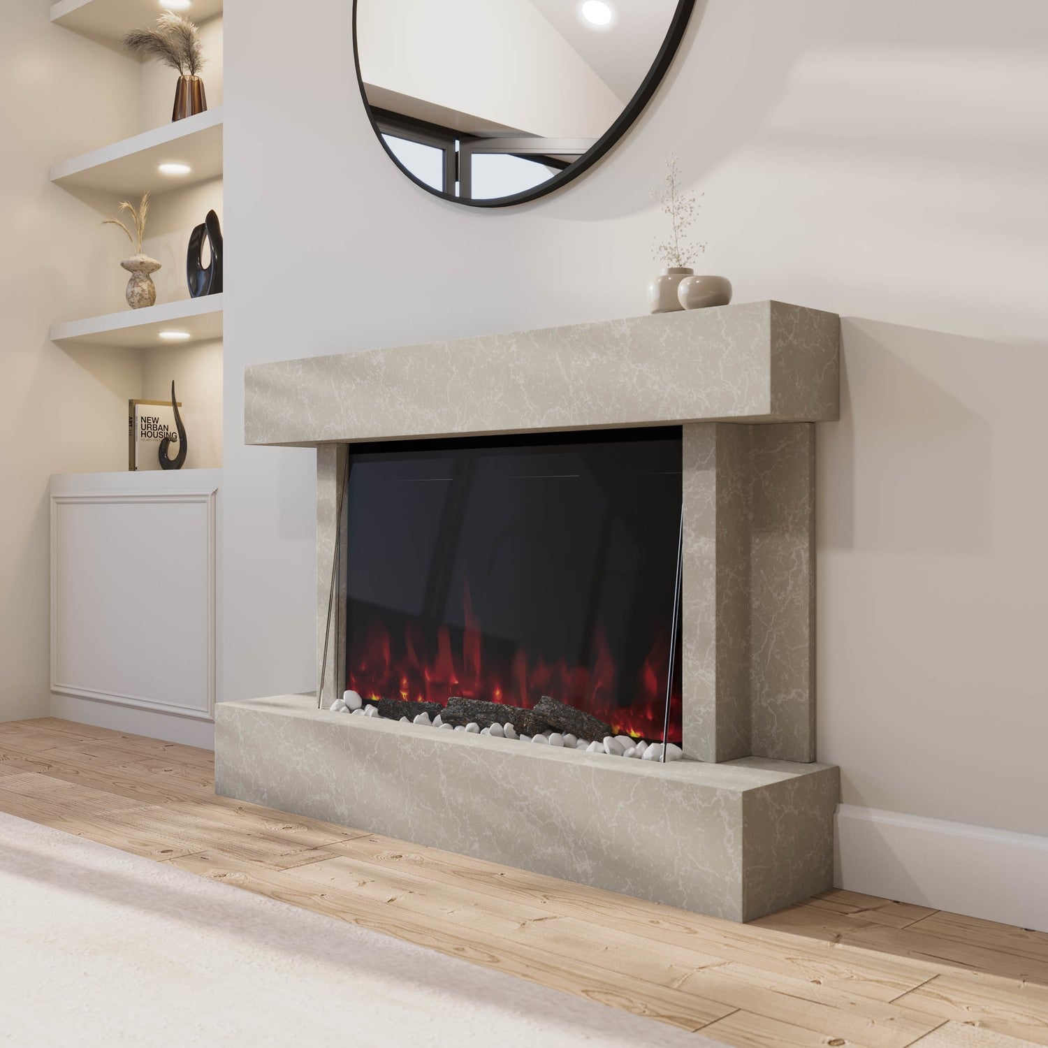 Freestanding Stone Effect Tall 44 Inch Electric Fire with Logs and Pebbles - Amberglo