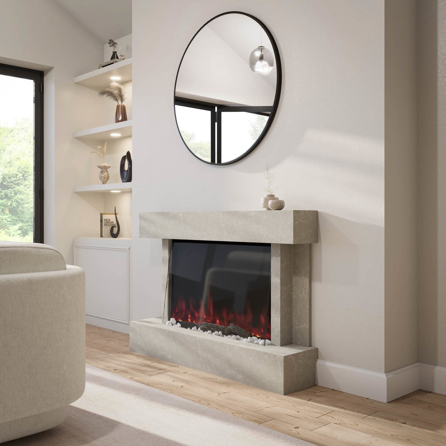 Freestanding Stone Effect Tall 44 Inch Electric Fire with Logs and Pebbles - Amberglo
