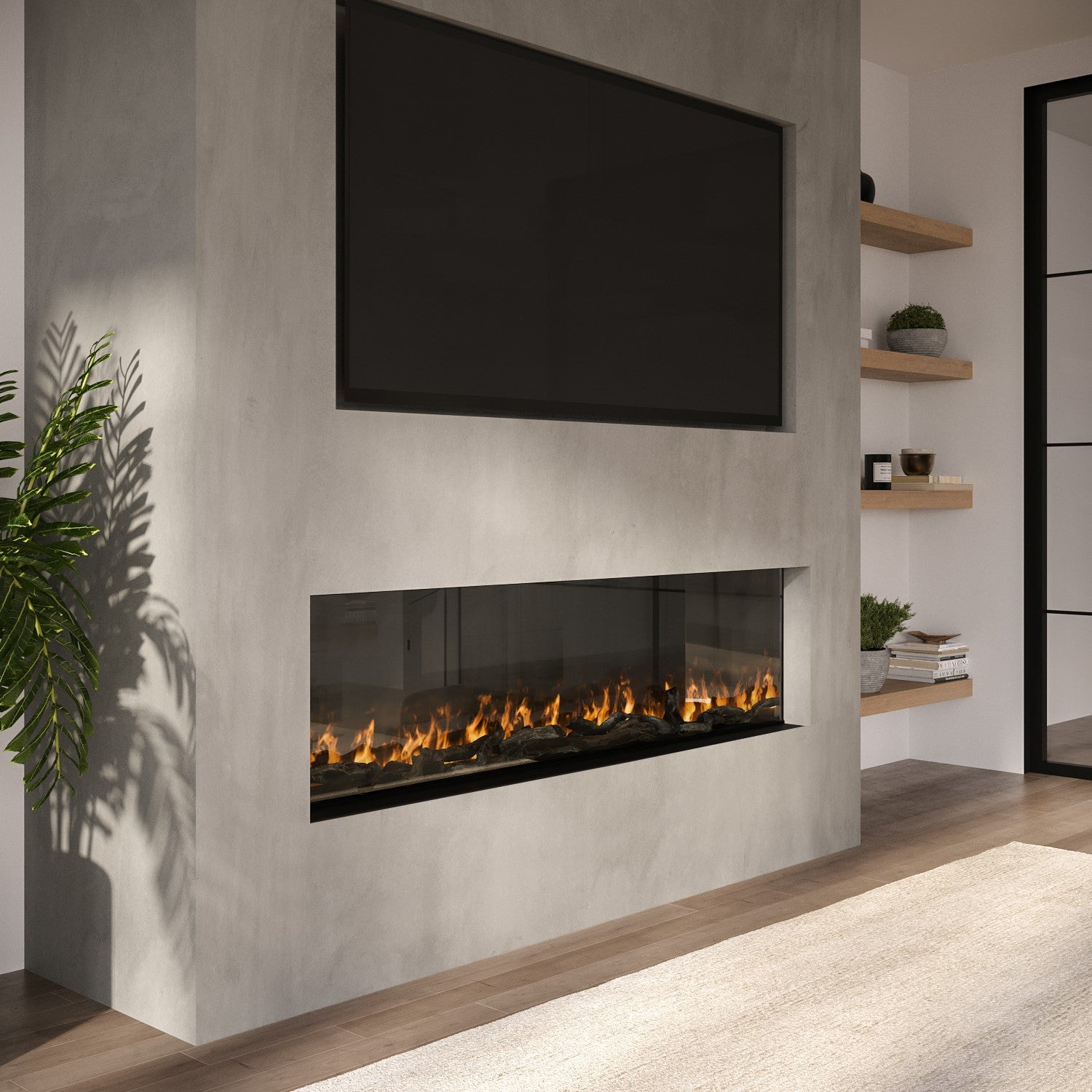 Black Inset Media Wall Electric Fireplace with Glass Configurated Front and Sides 50 Inch - Amberglo