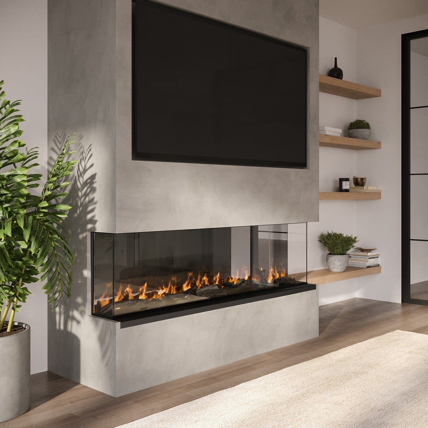 Black Inset Media Wall Electric Fireplace with Glass Configurated Front and Sides 50 Inch - Amberglo