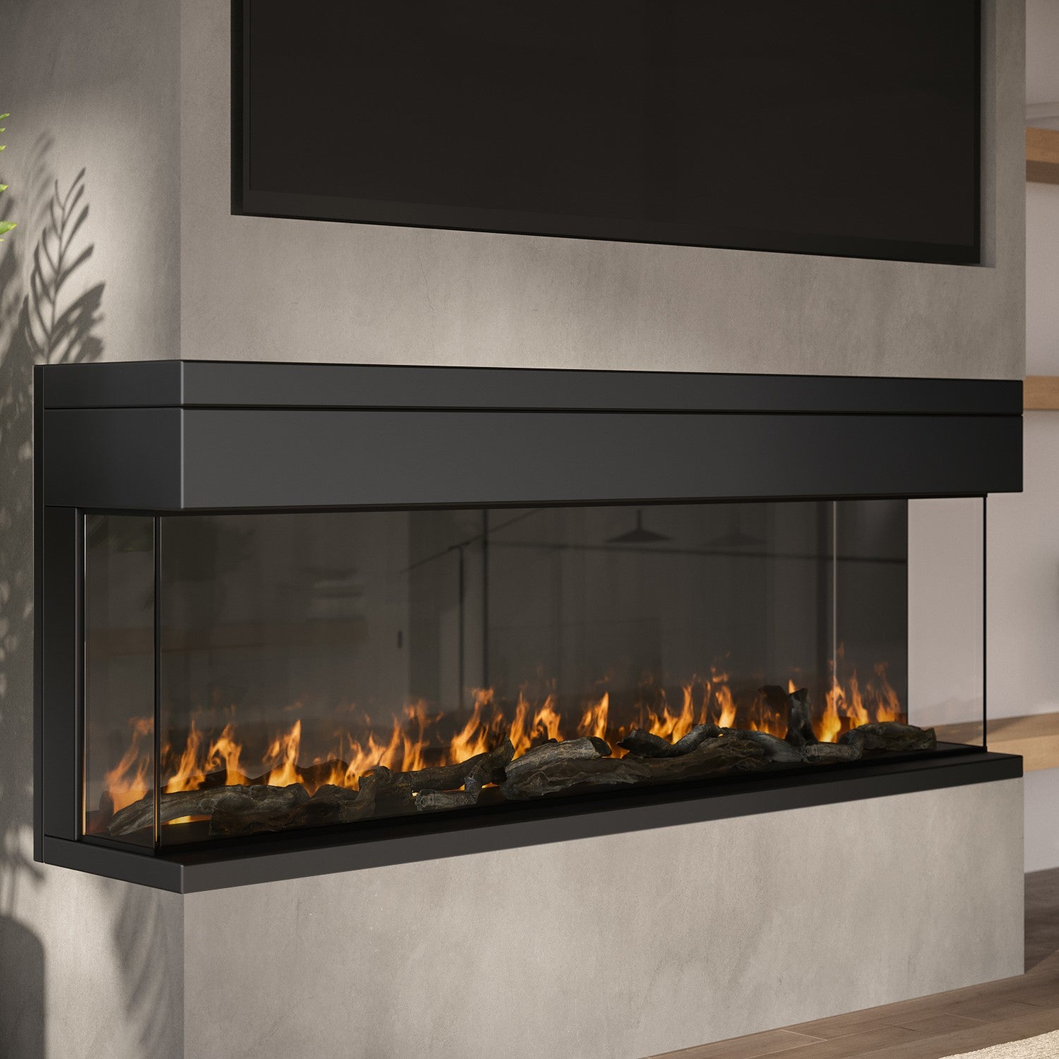Black Inset Media Wall Electric Fireplace with Glass Configurated Front and Sides 50 Inch - Amberglo