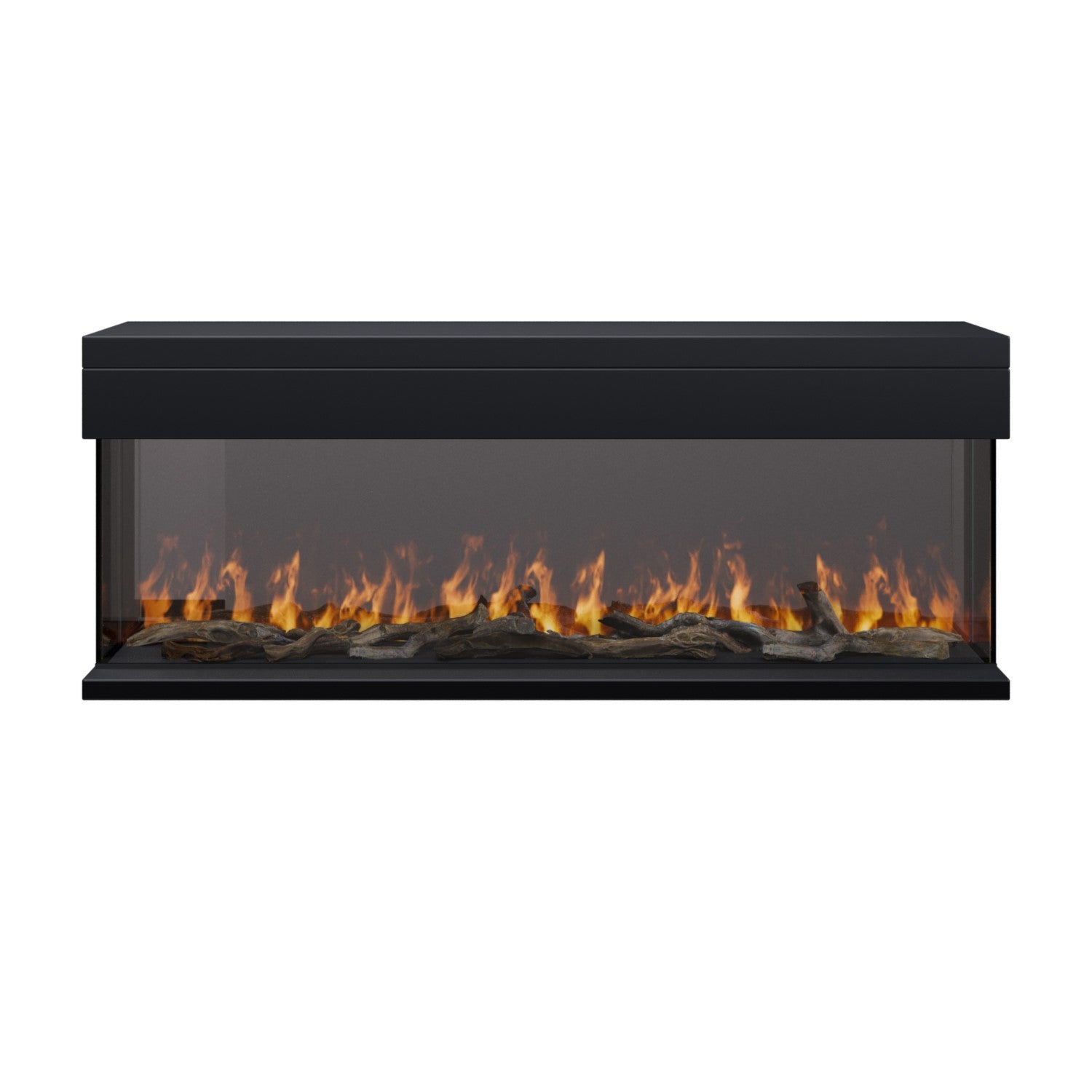 Black Inset Media Wall Electric Fireplace with Glass Configurated Front and Sides 50 Inch - Amberglo