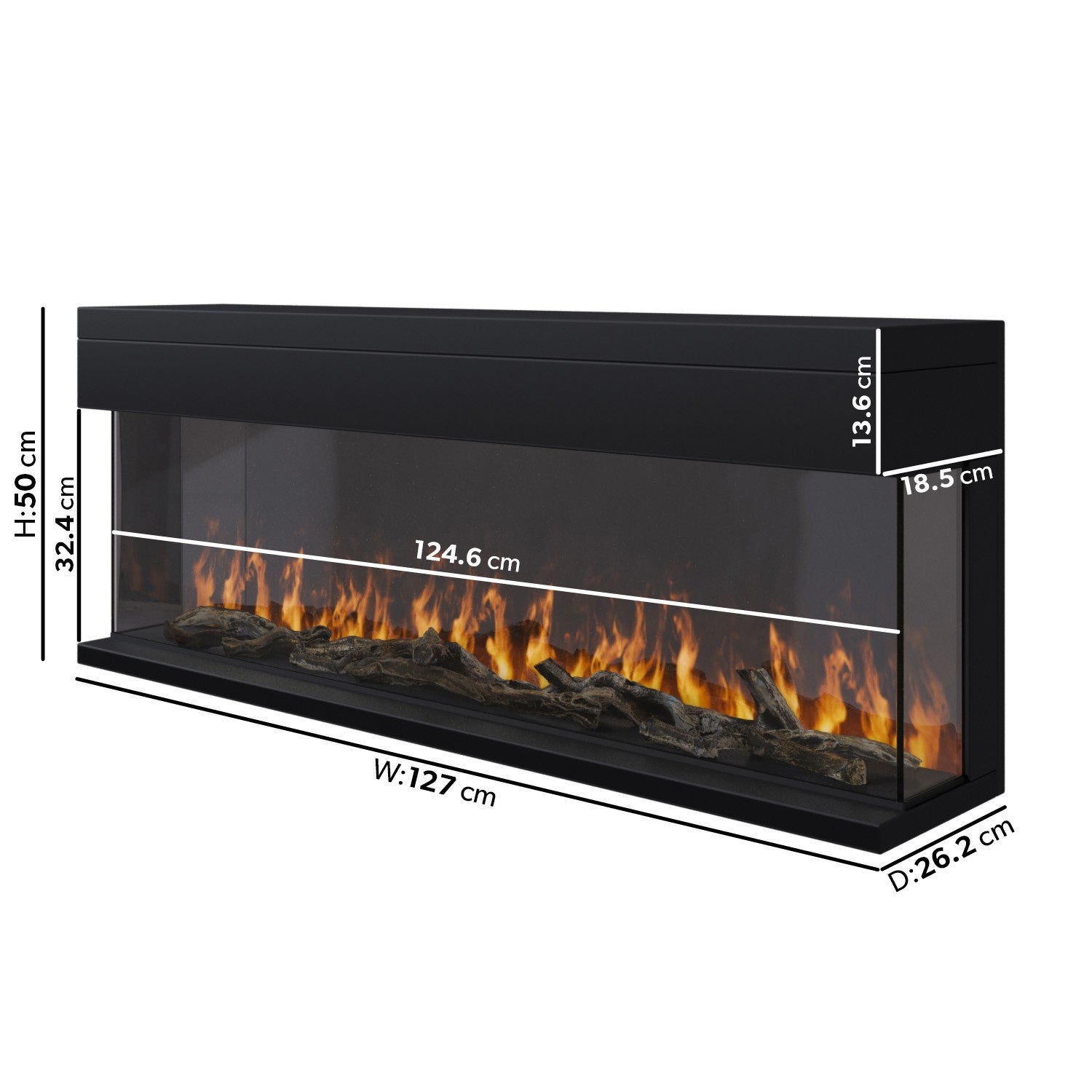 Black Inset Media Wall Electric Fireplace with Glass Configurated Front and Sides 50 Inch - Amberglo