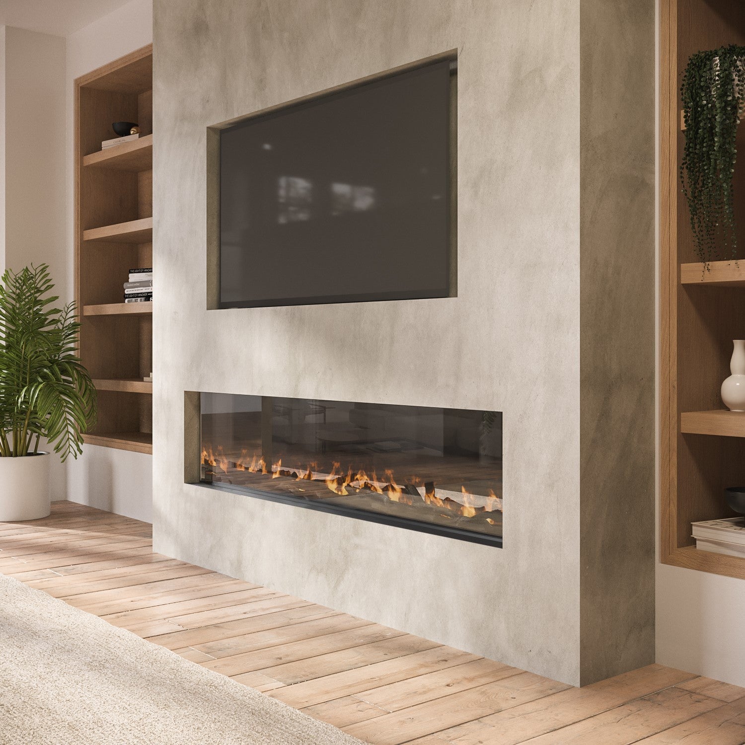 Black Inset Media Wall Electric Fireplace with Glass Configurated Front and Sides 60 Inch - Amberglo