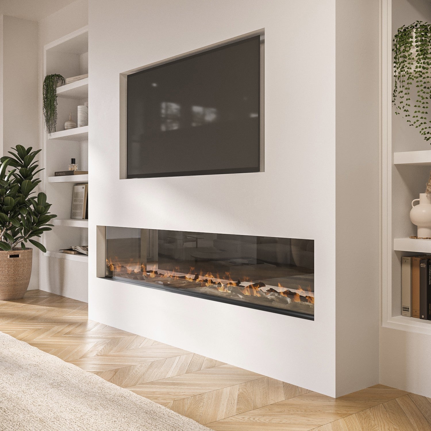 Black Inset Media Wall Electric Fireplace with Glass Configurated Front and Sides 70 Inch - Amberglo