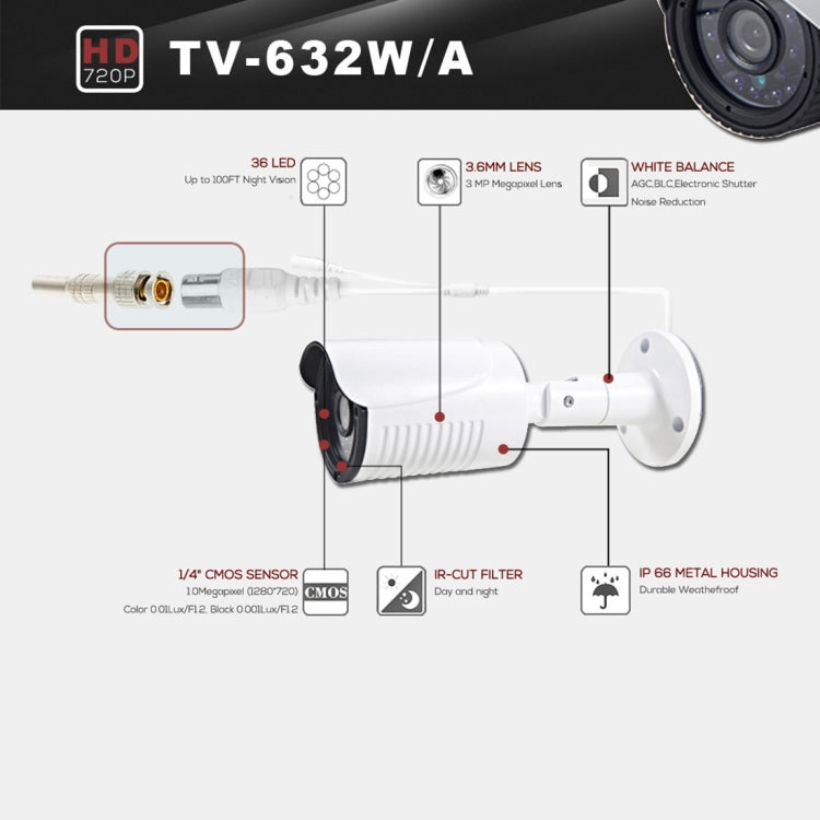 632A CE & RoHS Certificated Waterproof 3.6mm 3MP Lens AHD Camera with 36 IR LED, Support Night Vision & White Balance, 632A-W, 632A-L, 632A-H2