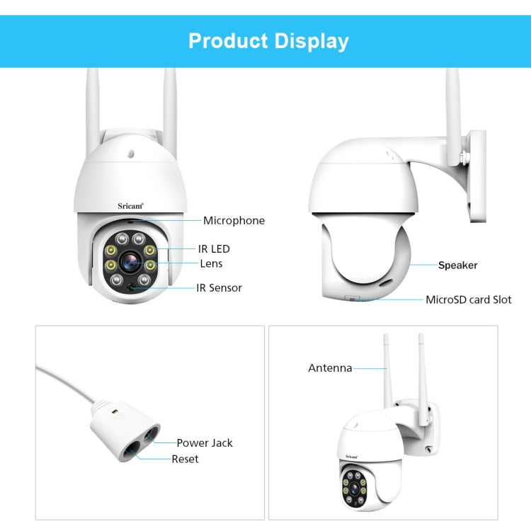 Sricam SP028 1080P HD Outdoor PTZ Camera, Support Two Way Audio / Motion Detection / Humanoid Detection / Color Night Vision / TF Card, US Plug