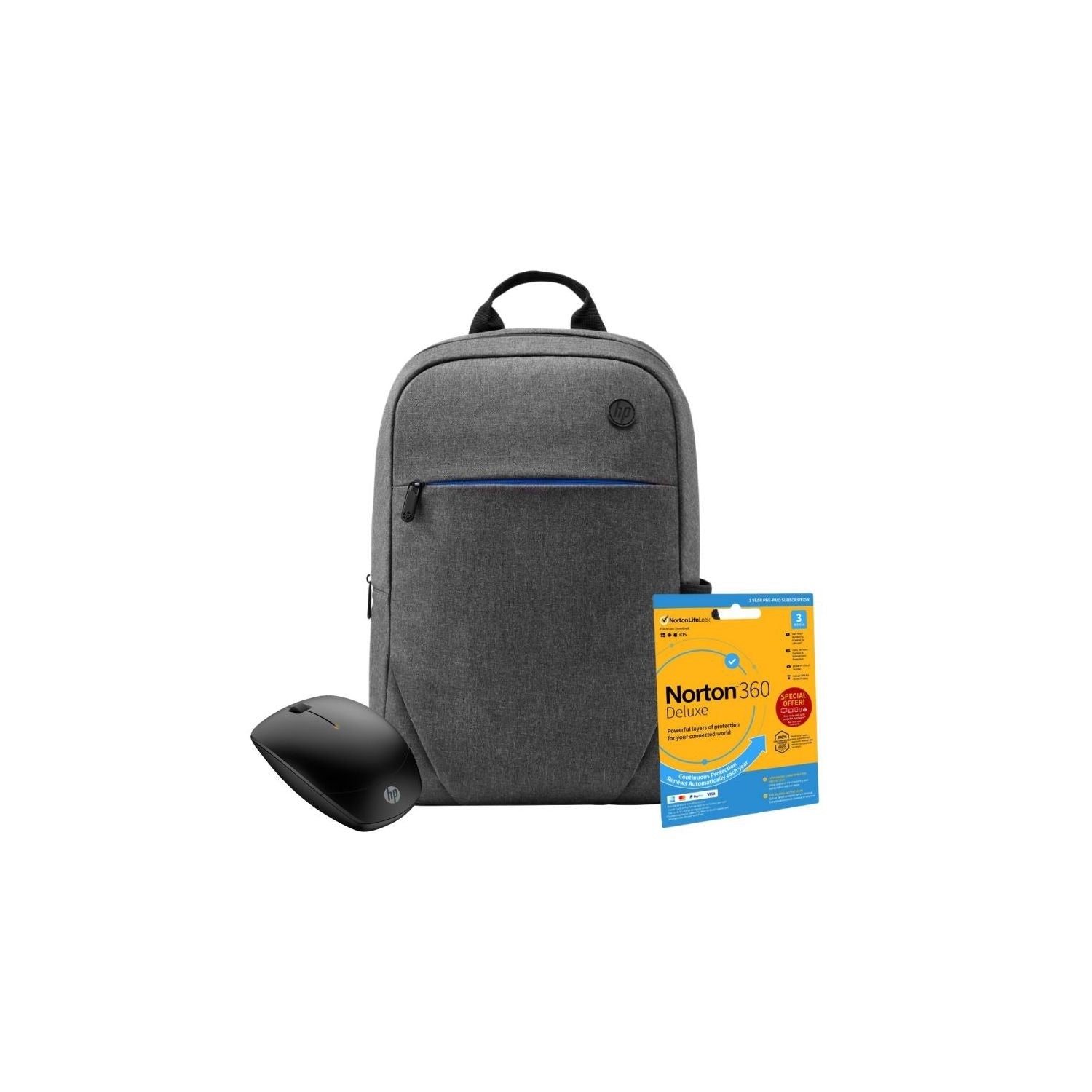 HP Prelude G2 15.6 Inch Backpack Laptop Bag with HP  Slim Wireless Mouse and 12 Month Subscription Norton 360 Deluxe Internet Security 