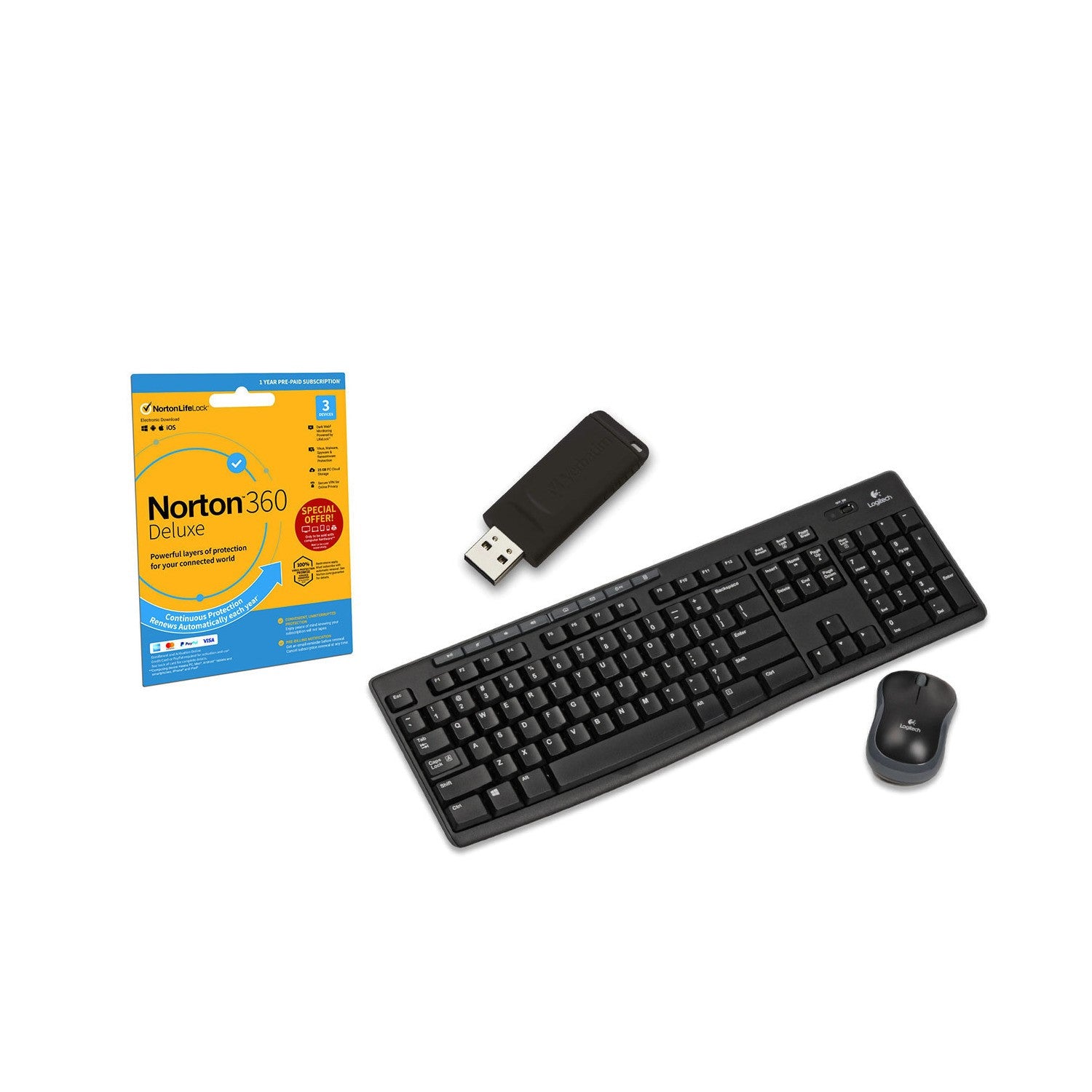 Logitech MK270 Wireless Keyboard and Mouse with Verbatim Store N Go Slider and Norton 360 Deluxe