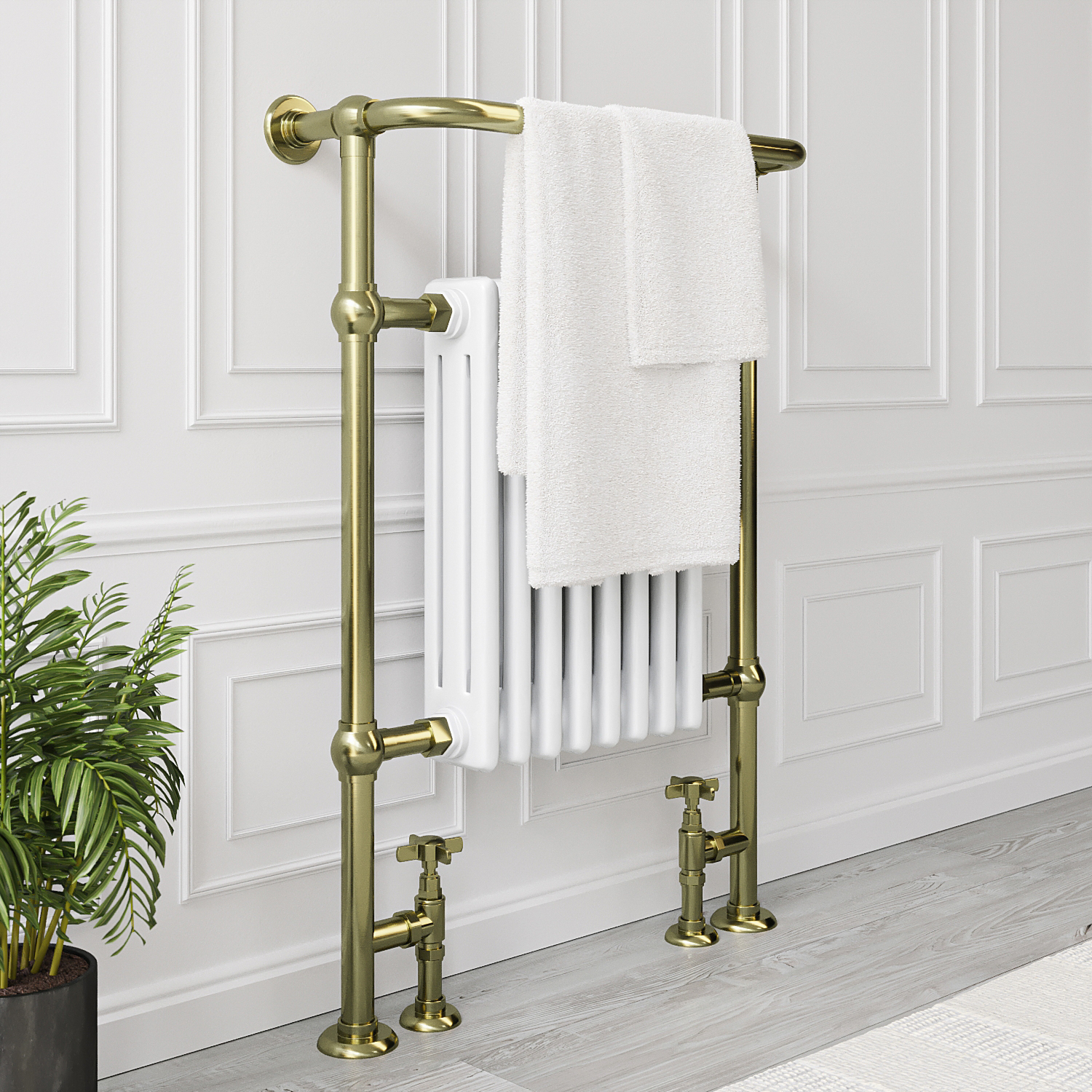 White and Brass Traditional Column Radiator with Towel Rail 952 x 659mm - Regent