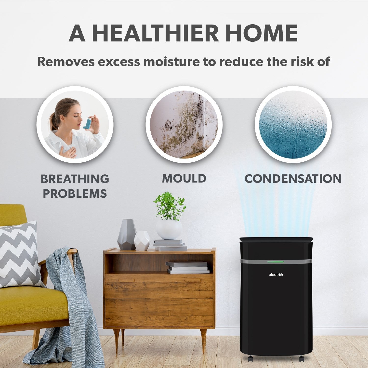 electriQ 20L Low-Energy Quiet Laundry Dehumidifier and HEPA UV Air Purifier - Black
