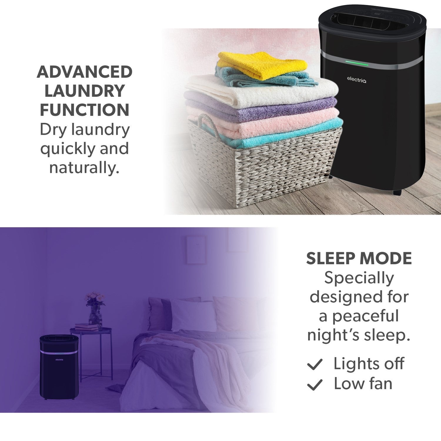 electriQ 20L Low-Energy Quiet Laundry Dehumidifier and HEPA UV Air Purifier - Black
