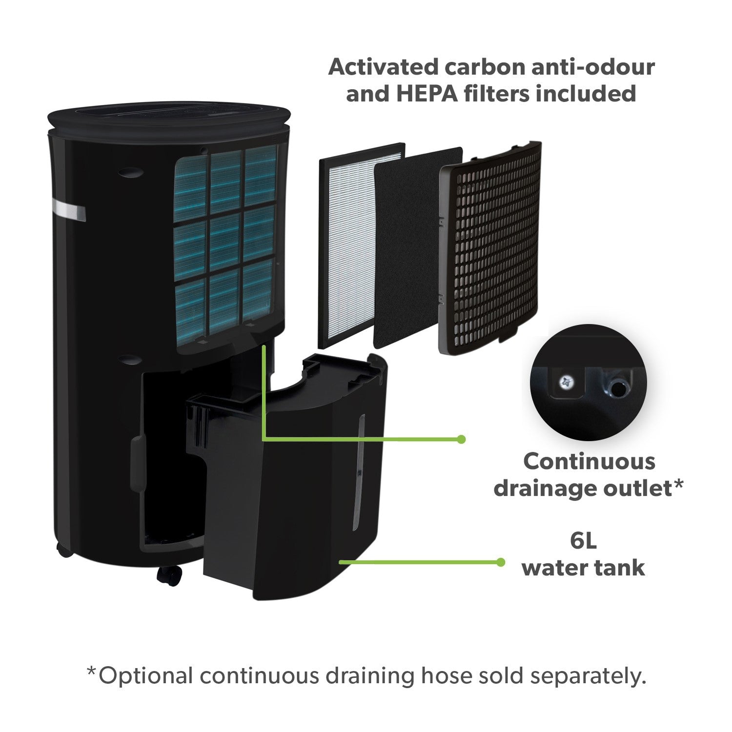electriQ 20L Low-Energy Quiet Laundry Dehumidifier and HEPA UV Air Purifier - Black