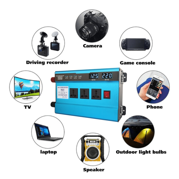 Carmaer 60V to 220V 3000W Intelligent Fan Car Double Digital Display Inverter Household Power Converter, 60V to 220V 3000W
