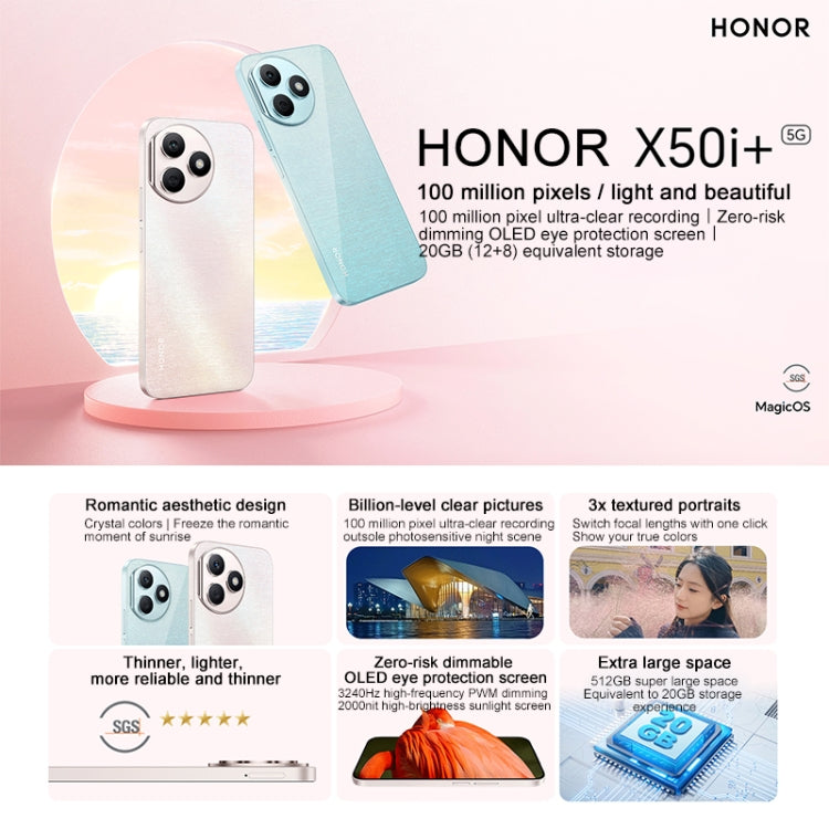 Honor X50i+,  6.7 inch MagicOS 7.2 Dimensity 6080 Octa Core up to 2.4GHz, Network: 5G, OTG, Not Support Google Play, 12GB+256GB, 12GB+512GB