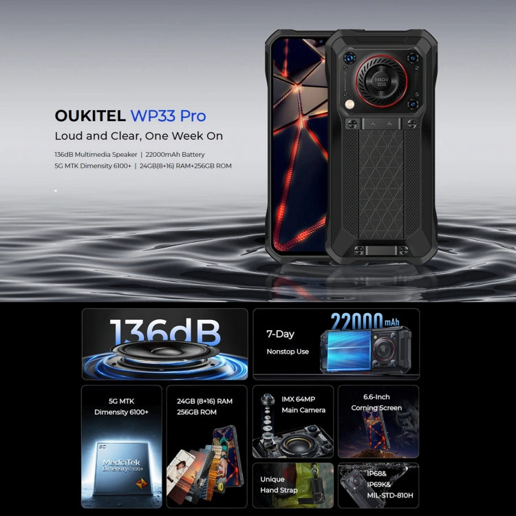 Oukitel WP33 Pro, IP68/IP69K, Fingerprint Identification, 22000mAh, 6.6 inch MediaTek Dimensity 6100+ Octa-core, NFC, OTG, Network: 5G
