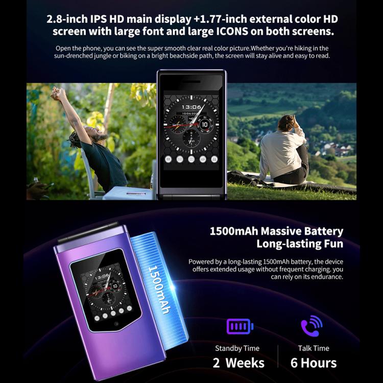 HAMTOD T8 4G Flip Phone, 2.8 inch + 1.77 inch, VoLTE, BT, SOS, OTG