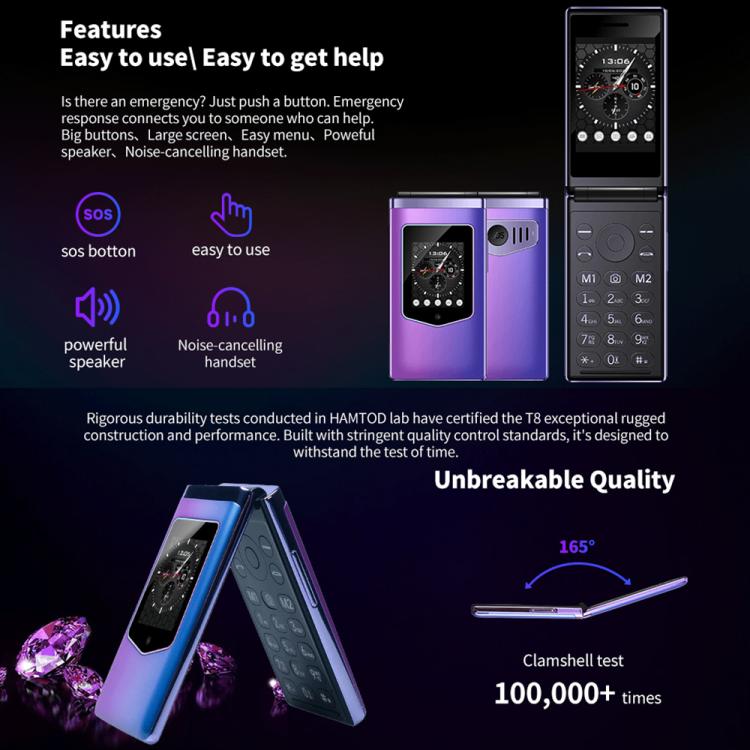 HAMTOD T8 4G Flip Phone, 2.8 inch + 1.77 inch, VoLTE, BT, SOS, OTG