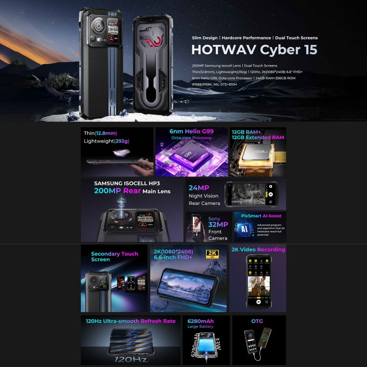 HOTWAV Cyber 15, IP68/IP69K Rugged Phone, 6280mAh, 6.6 inch Android 13 MediaTek MT6789 Helio G99 Octa Core, Network: 4G, NFC, OTG