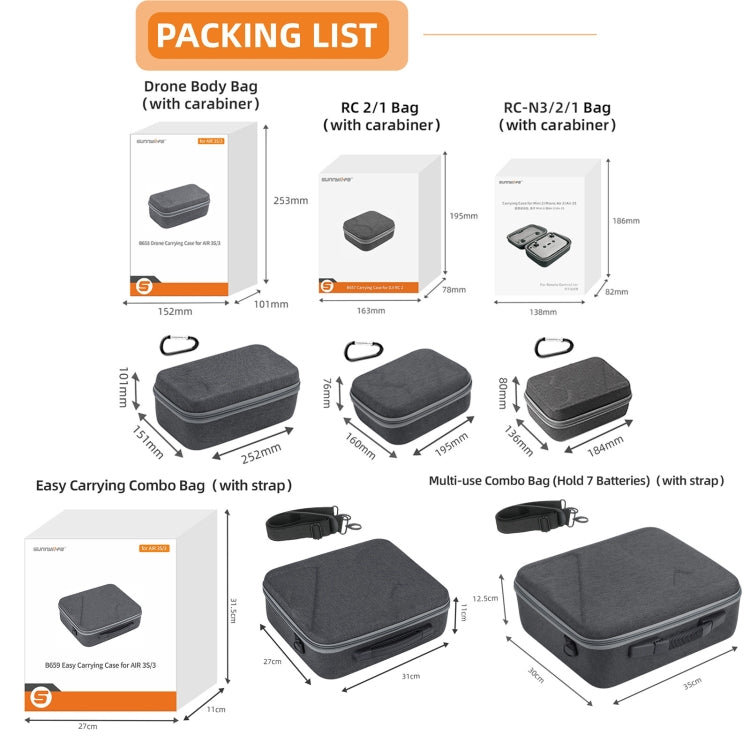 Sunnylife Carrying Case Bag, B657 For DJI RC 2 / 1 Control Bag, A3-B658 Drone Body Bag, A3-B660 Batteries Bag