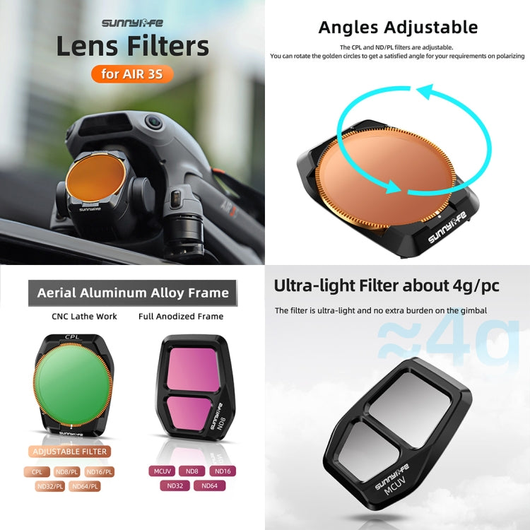 For DJI Air 3S Sunnylife Camera Lens Filter, MCUV, ND8, ND16, ND32, ND64, CPL, ND8PL, ND16PL, ND32PL, ND64PL, 3 in 1 CPL ND8 ND16, 4 in 1 ND8-64, 4 in 1 ND8-64PL, 4 in 1 UV CPL ND32 ND64, 6 in 1 UV CPL ND8-64