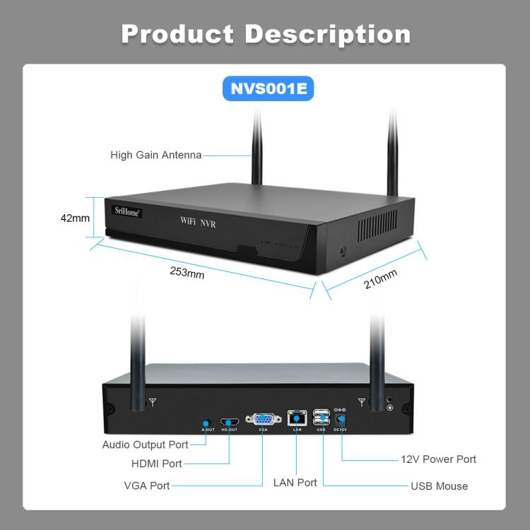 SriHome NVS001E-IPC039B 5MP 8CH HD NVR Wireless Cameras Set