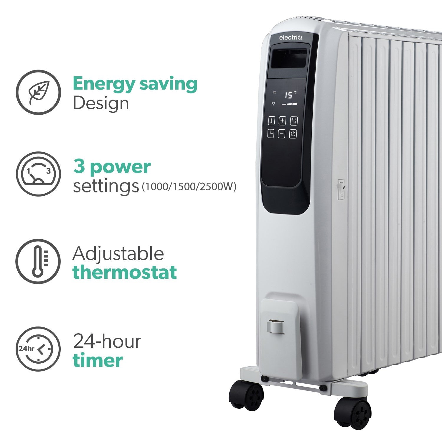 electriQ 2500W Smart Oil Filled Radiator with Thermostat and Weekly Timer - White