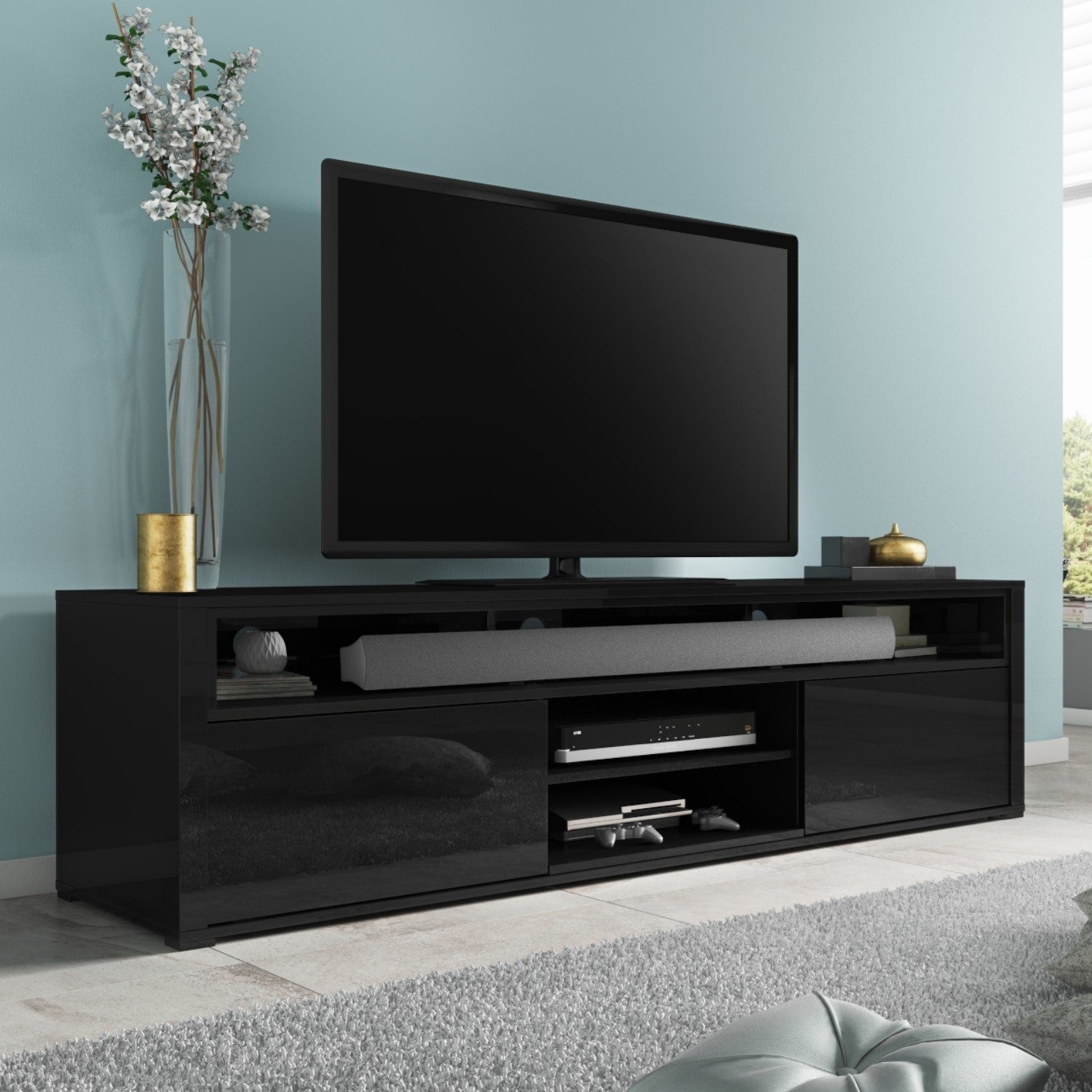 GRADE A1 - Large Black High Gloss TV Unit with Soundbar Shelf - TV's up to 70