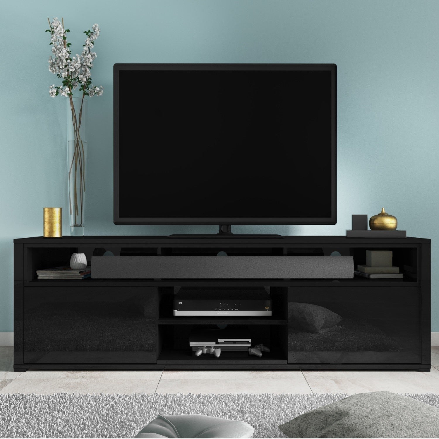 GRADE A1 - Large Black High Gloss TV Unit with Soundbar Shelf - TV's up to 70