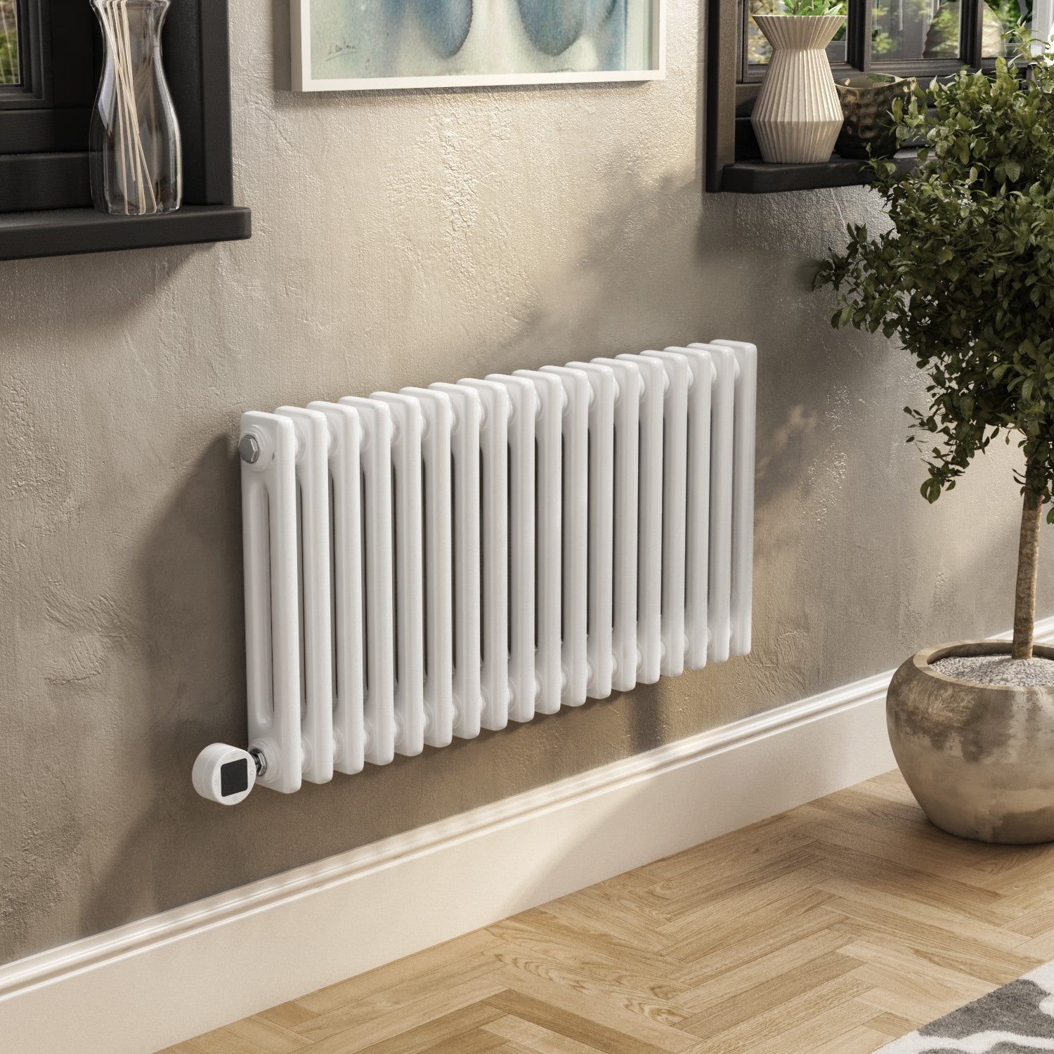 White Electric Horizontal Column Radiator 1.2kW with Wifi Thermostat - H400xW830mm - IPX4 Bathroom Safe