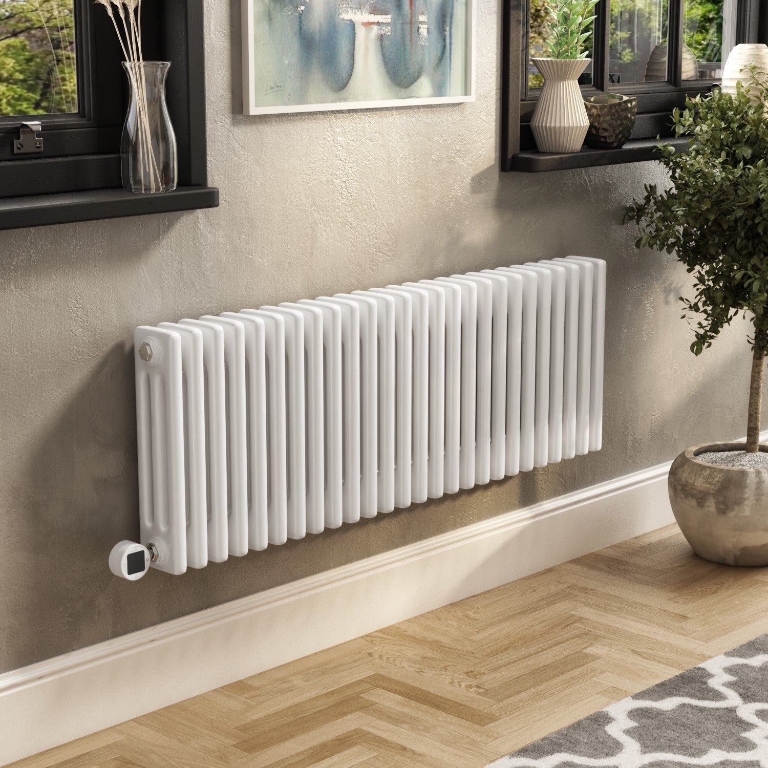 White Electric Horizontal Column Radiator 1.2kW with Wifi Thermostat - H400xW1190mm - IPX4 Bathroom Safe