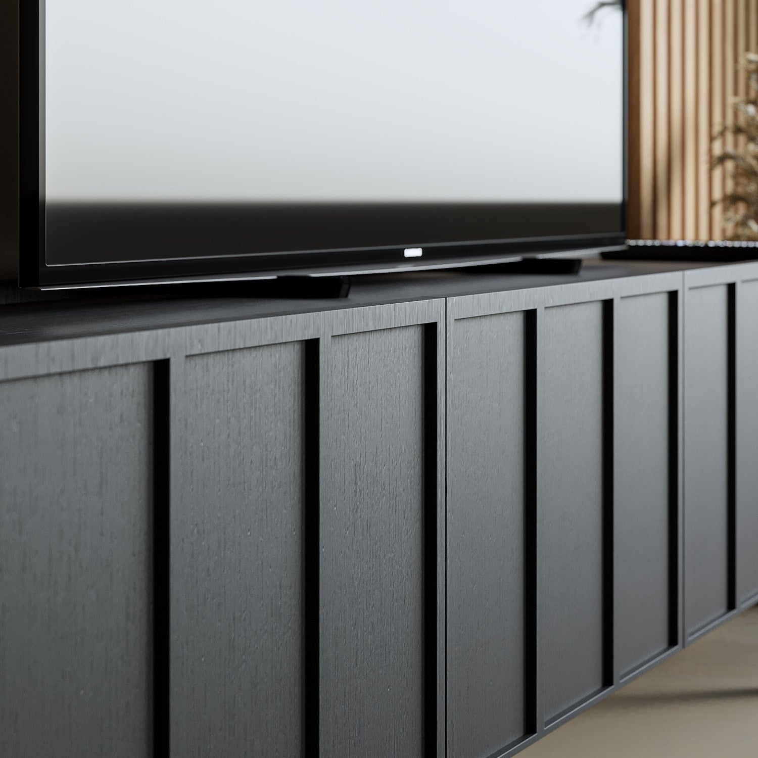 Wide Black Oak TV Stand with Storage - TV's up to 70