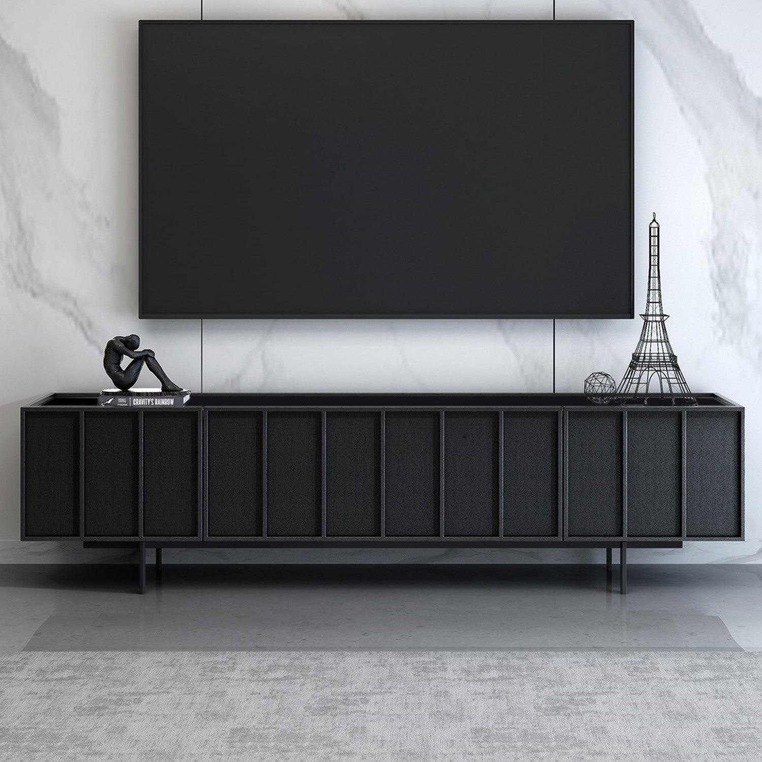 Wide Black Oak TV Stand with Storage - TV's up to 70