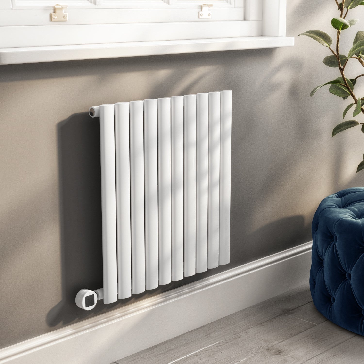 White Electric Horizontal Designer Radiator 0.6kW with Wifi Thermostat - H600xW590mm - IPX4 Bathroom Safe