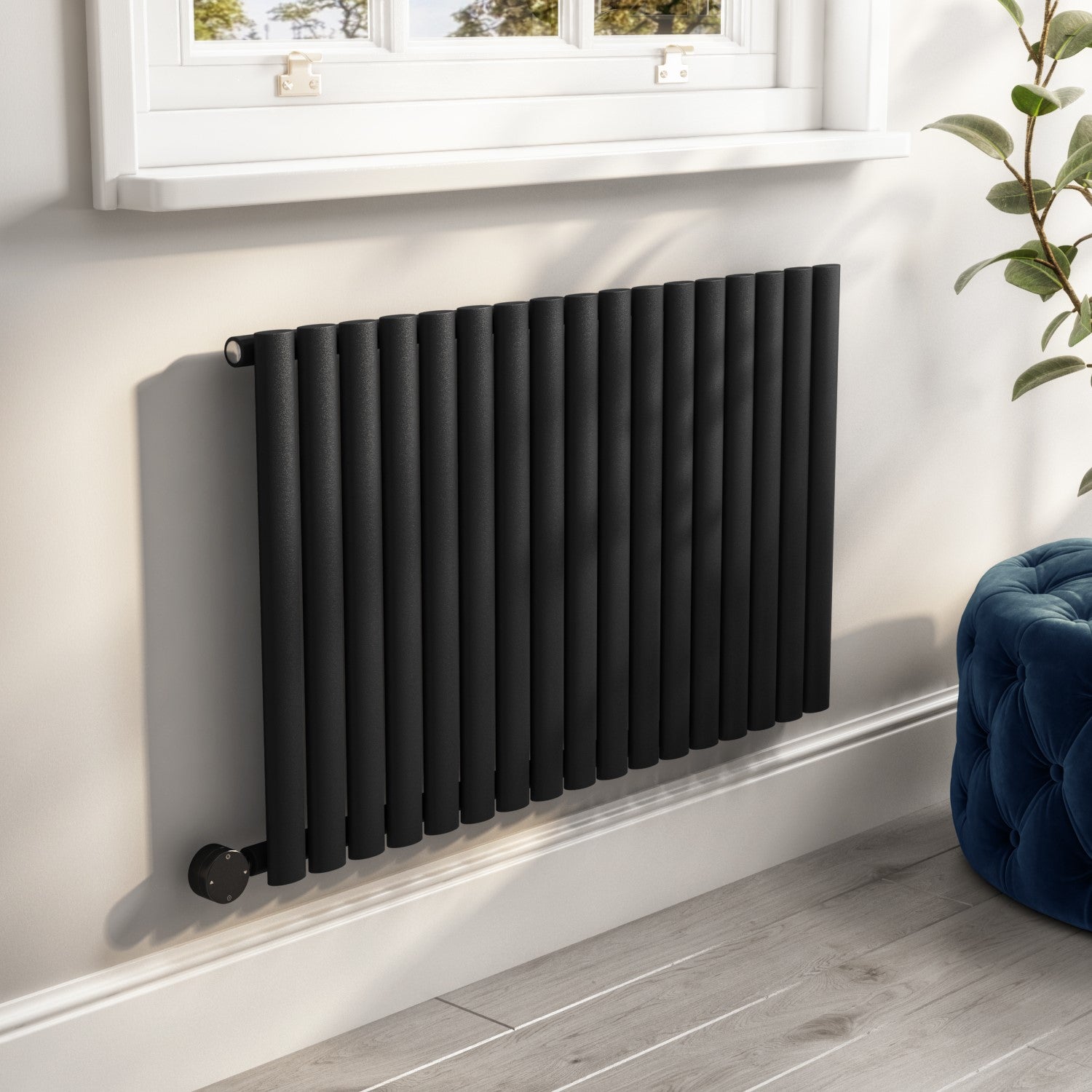 Midnight Black Electric Horizontal Designer Radiator 1.2kW with Wifi Thermostat - H600xW1003mm - IPX4 Bathroom Safe