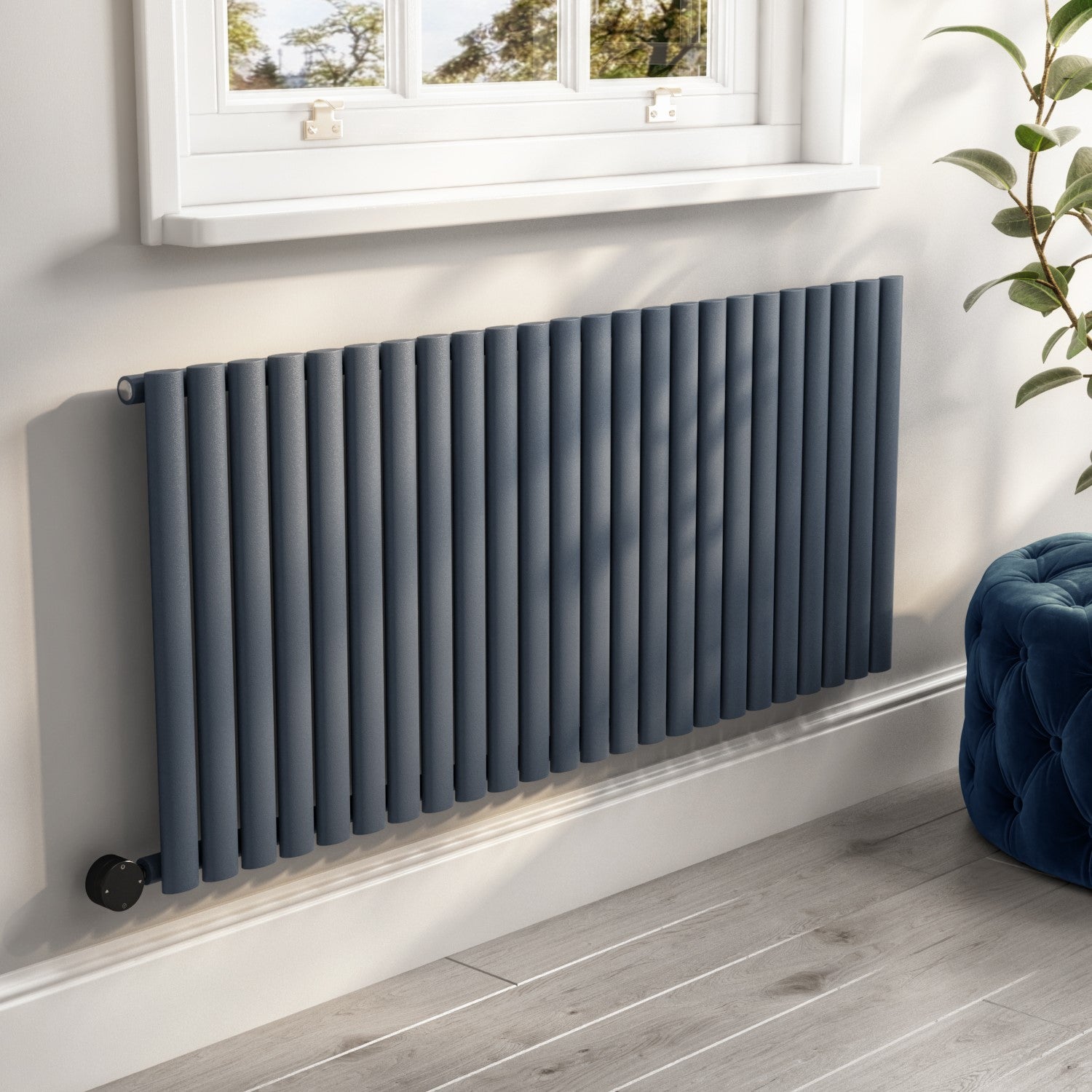 Anthracite Electric Horizontal Designer Radiator 2kW with Wifi Thermostat - H600xW1416mm - IPX4 Bathroom Safe