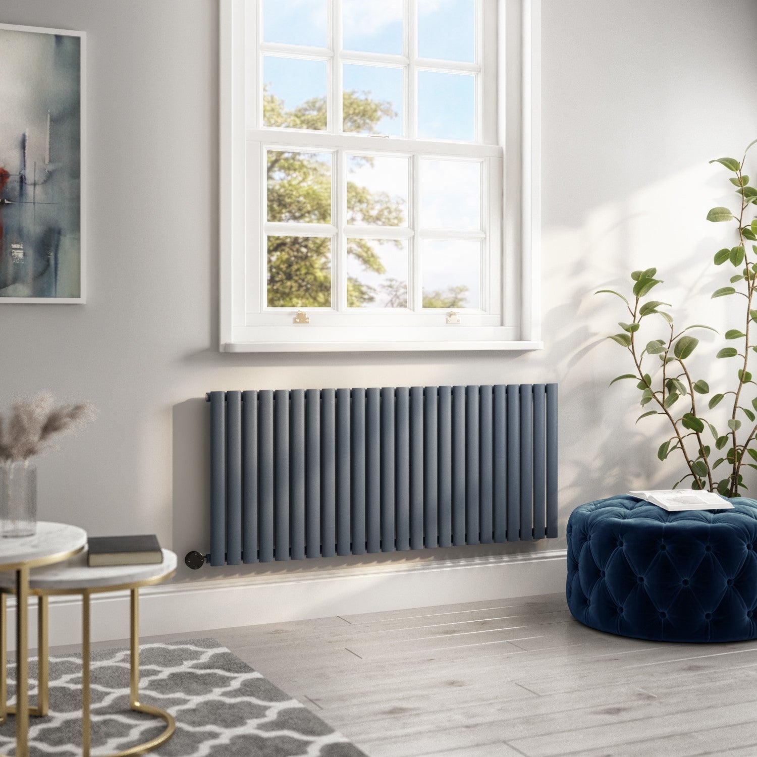 Anthracite Electric Horizontal Designer Radiator 2kW with Wifi Thermostat - H600xW1416mm - IPX4 Bathroom Safe