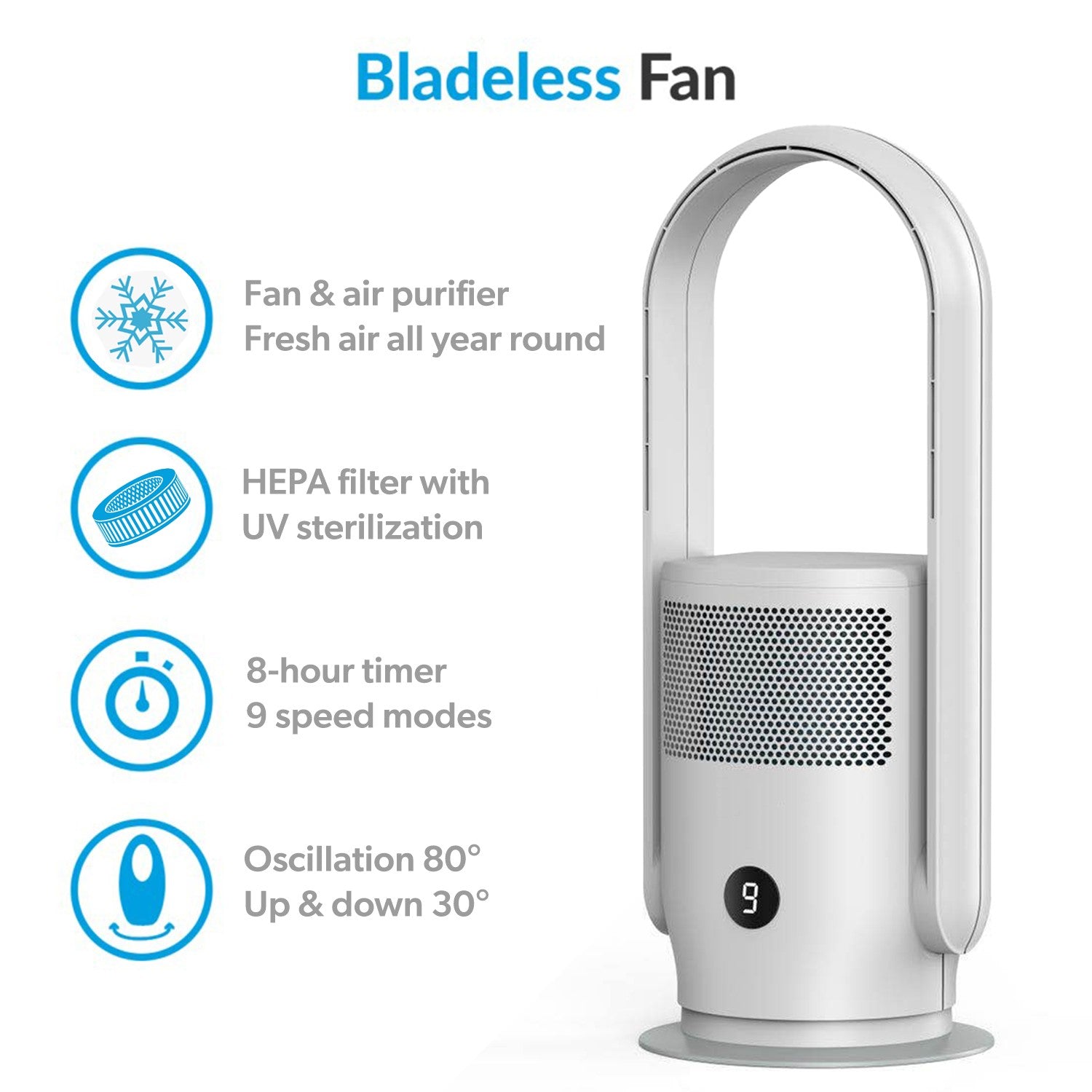 GRADE A2 - electriQ Bladeless Tower Fan and True HEPA Air Purifier for Home with UV Light & Smart WiFi