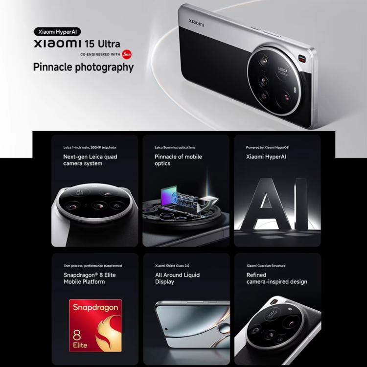 Xiaomi 15 Ultra Global, 16GB+1TB, 3D Ultrasonic Fingerprint, 200MP Camera, 6.73 inch Xiaomi HyperOS 2 Snapdragon 8 Elite Octa Core 3nm, NFC, Network: 5G, Xiaomi 15 Ultra Global, 16GB+1TB (Silver), Xiaomi 15 Ultra Global, 16GB+1TB (Black)